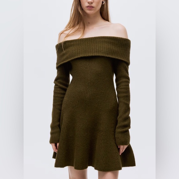 H&M•RIB-KNIT OFF-THE-SHOULDER DRESS•Size S•Khaki Green•NWT - Picture 4 of 6